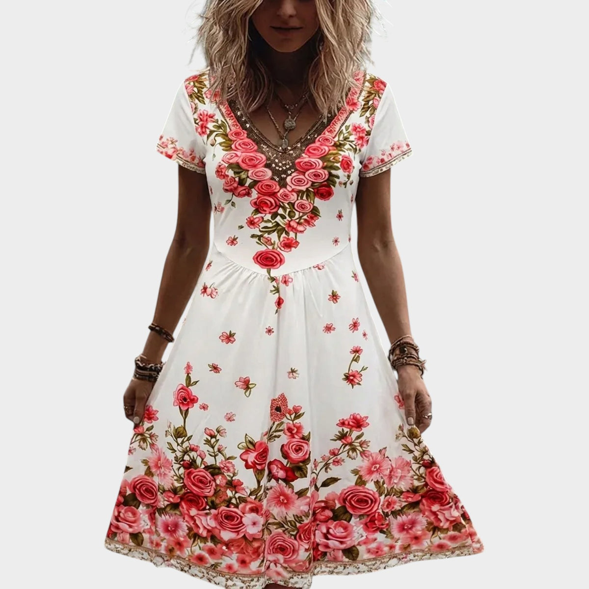 Women’s Floral V-Neck Midi Dress with Short Sleeves