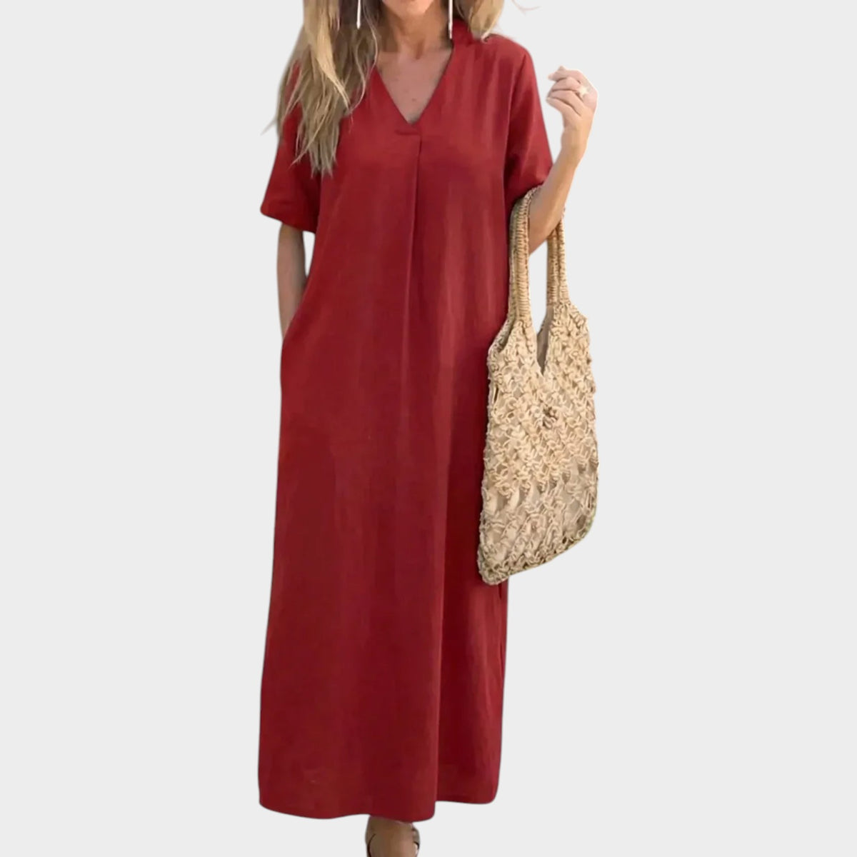Women’s Cotton and Linen Maxi Dress with V-Neck and Short Sleeves