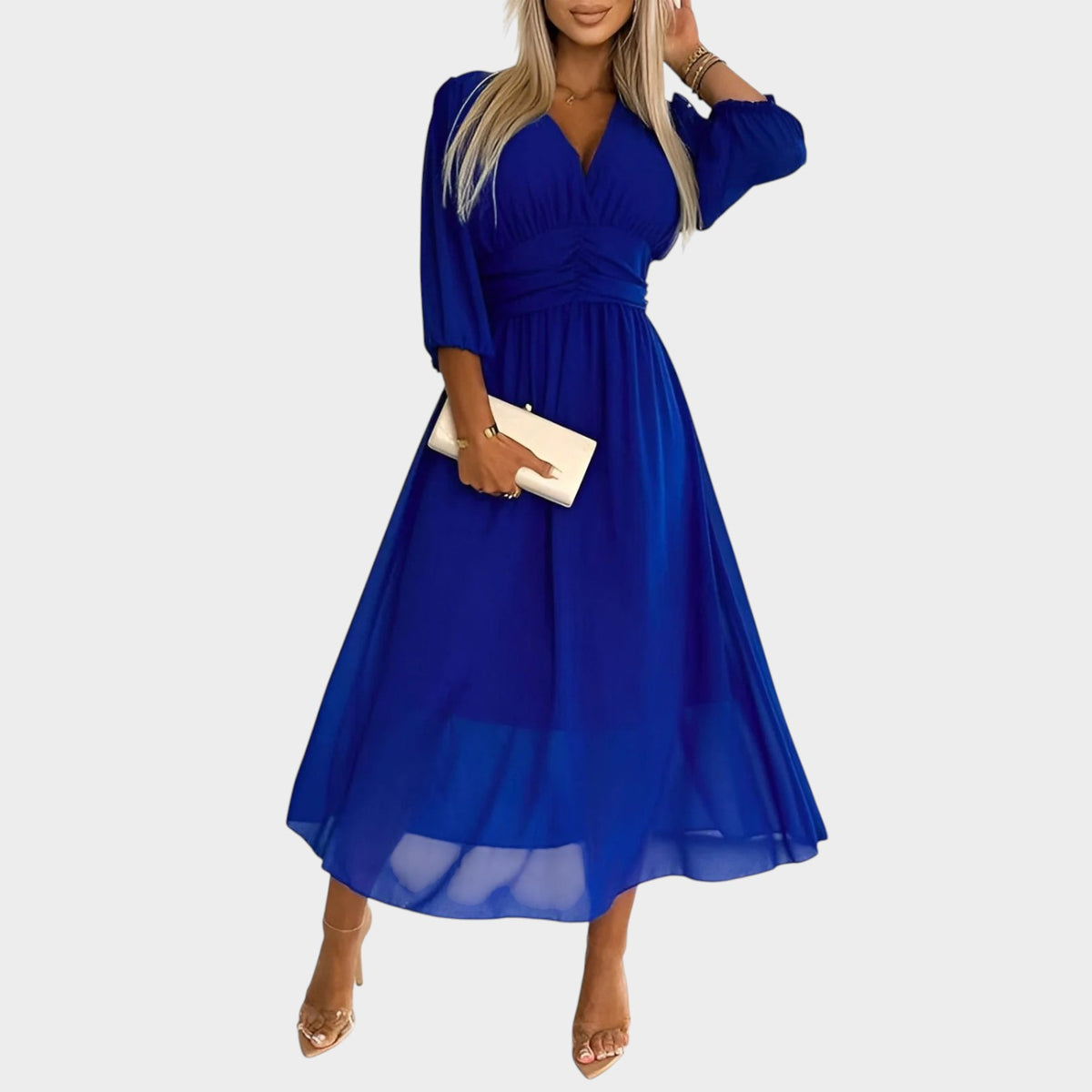 Women’s Chiffon Midi Dress with V-Neck and 3/4 Sleeves
