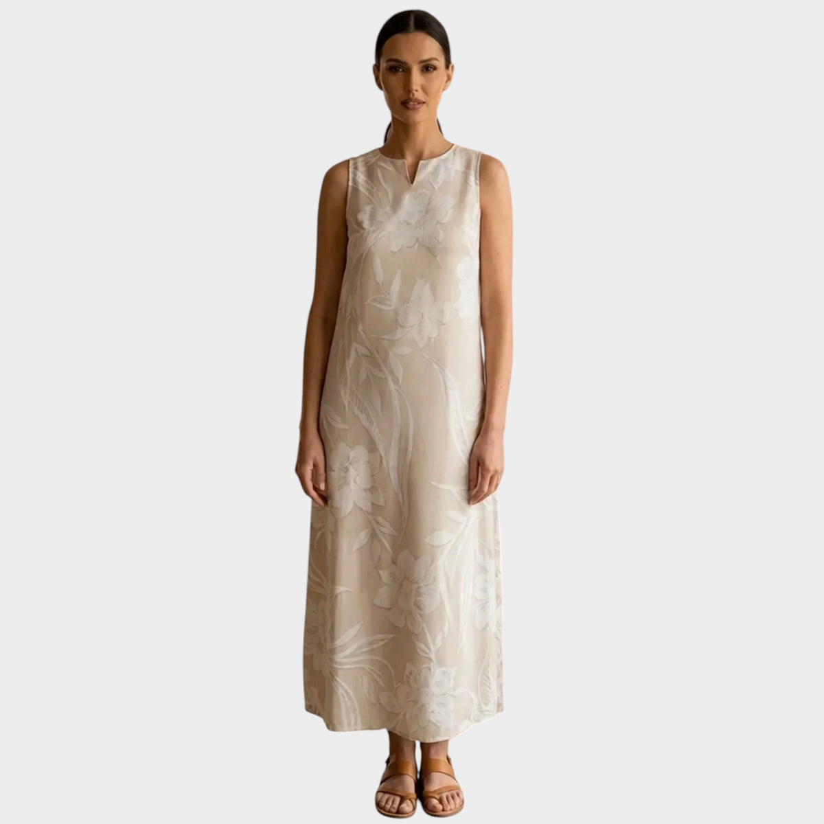 Women’s White Floral Maxi Dress Sleeveless Notch Neck A-Line
