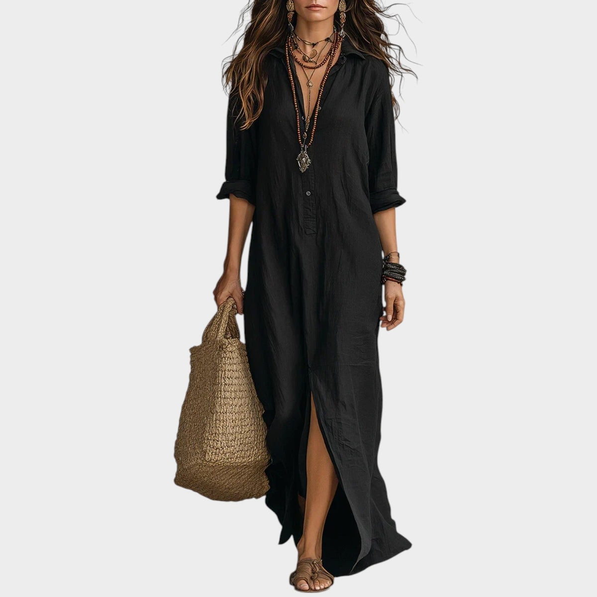Women’s Button-Down Maxi Shirt Dress with Collared Neckline and Long Sleeves