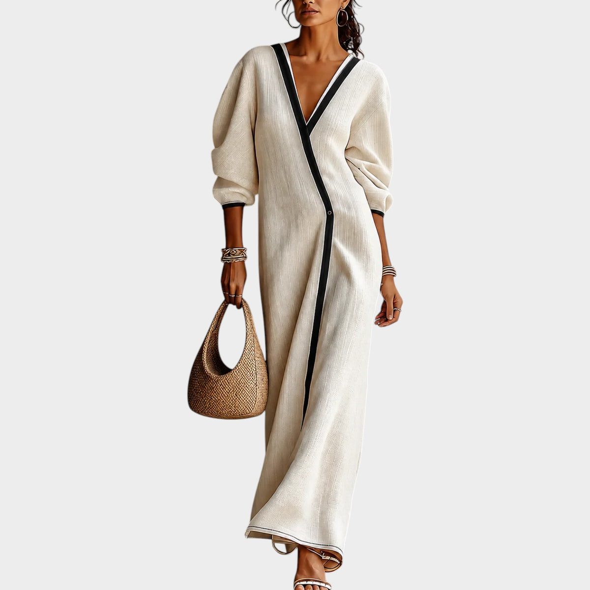 Women’s Linen Blend Maxi Dress with Deep V-Neck, Lantern Sleeves and Contrast Trim