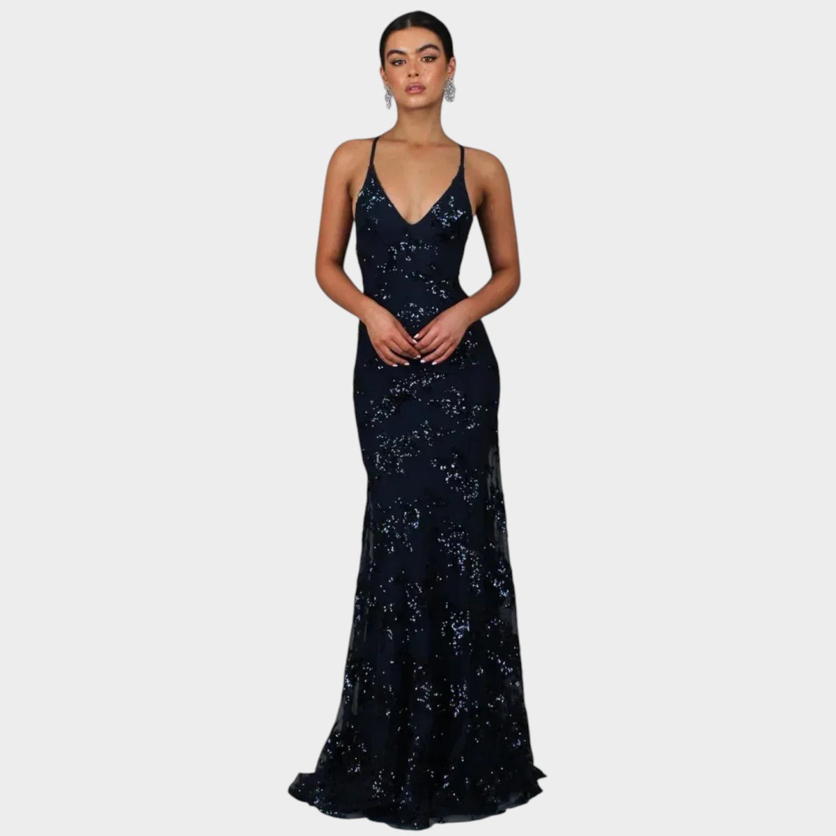 Women’s Sequin Evening Maxi Dress with V-Neck and Cross-Back Straps