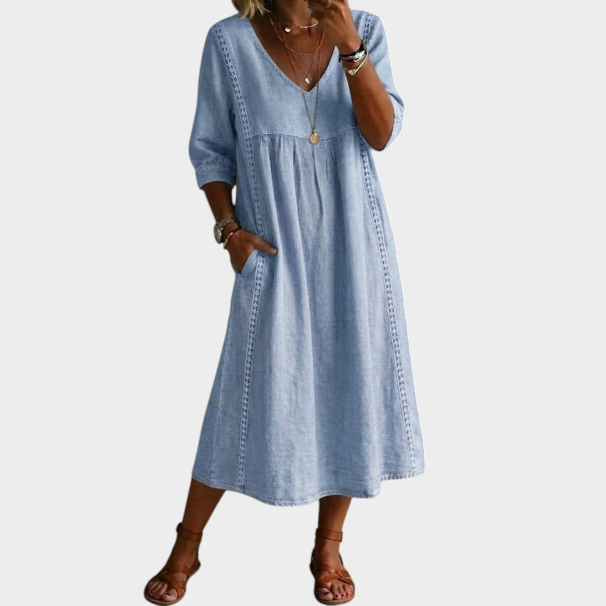 Women’s A-Line Midi Dress with V-Neck, Three-Quarter Sleeves and Lace Trim