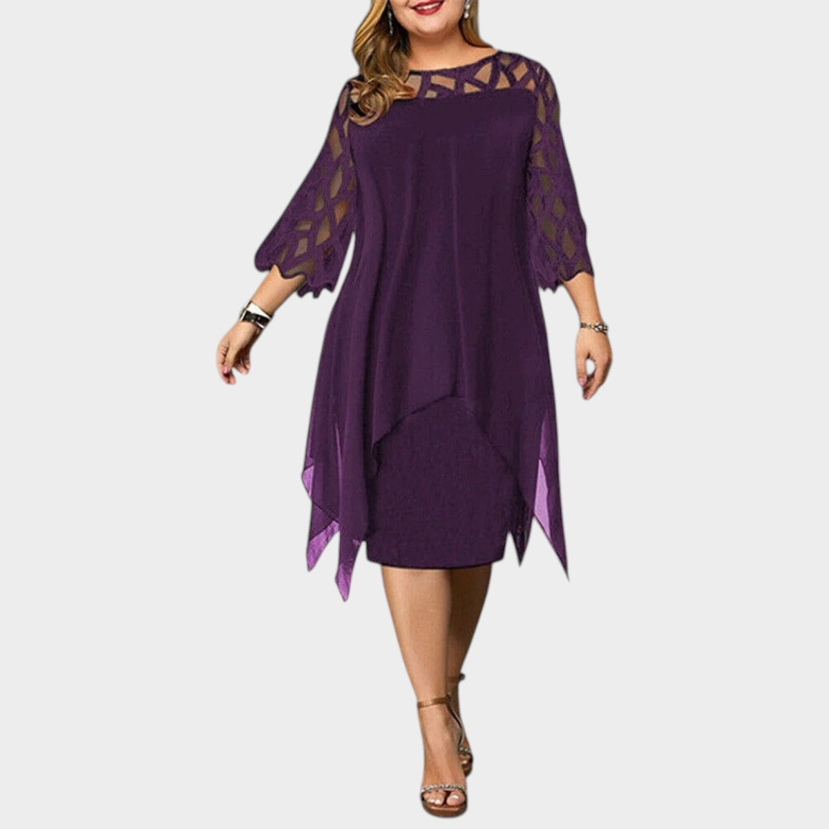 Women’s Plus Size Midi Dress with Cut-Out Sleeves and Asymmetrical Hem