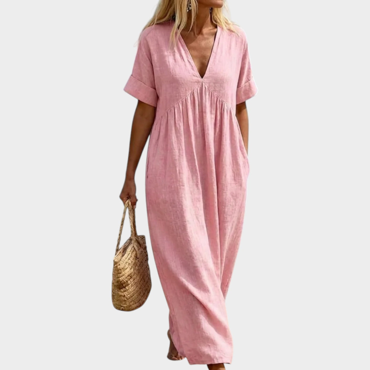 Women’s V-Neck Maxi Dress with Short Sleeves and Gathered Waist