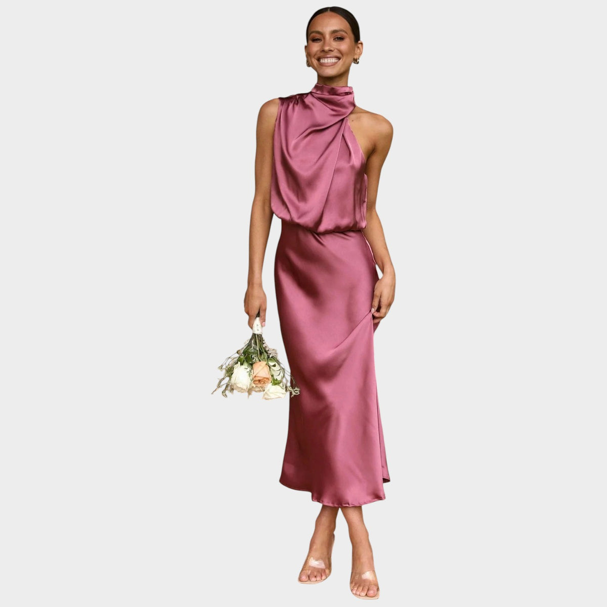 Women’s Satin Midi Dress with High Neck and Draped Front