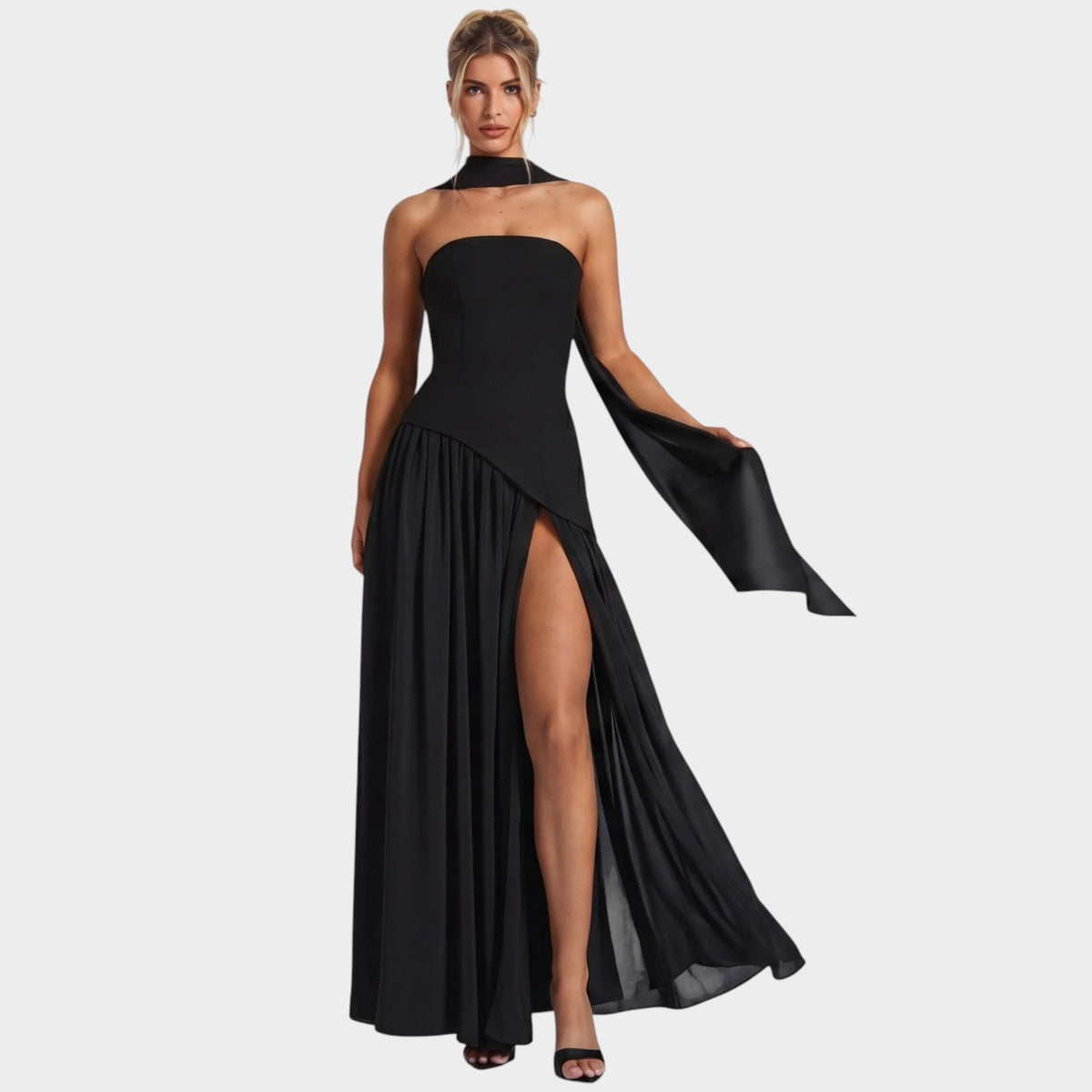 Women’s Strapless Maxi Dress with Draped Scarf Detail and High Slit