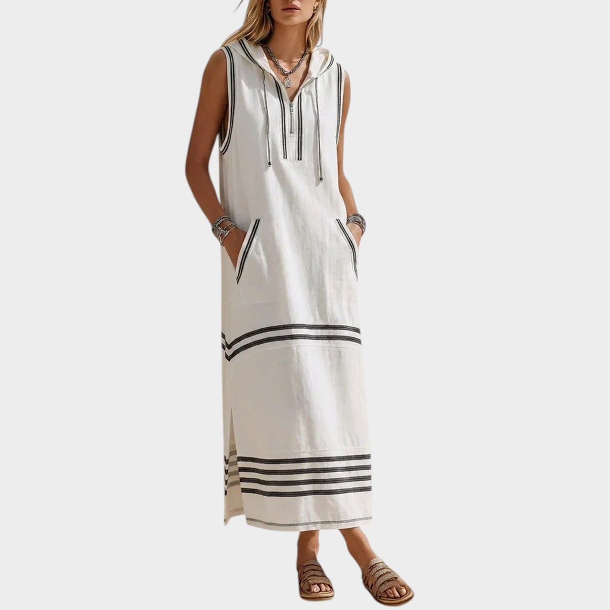 Women’s Striped Maxi Dress with Sleeveless Hooded Design and Side Pockets