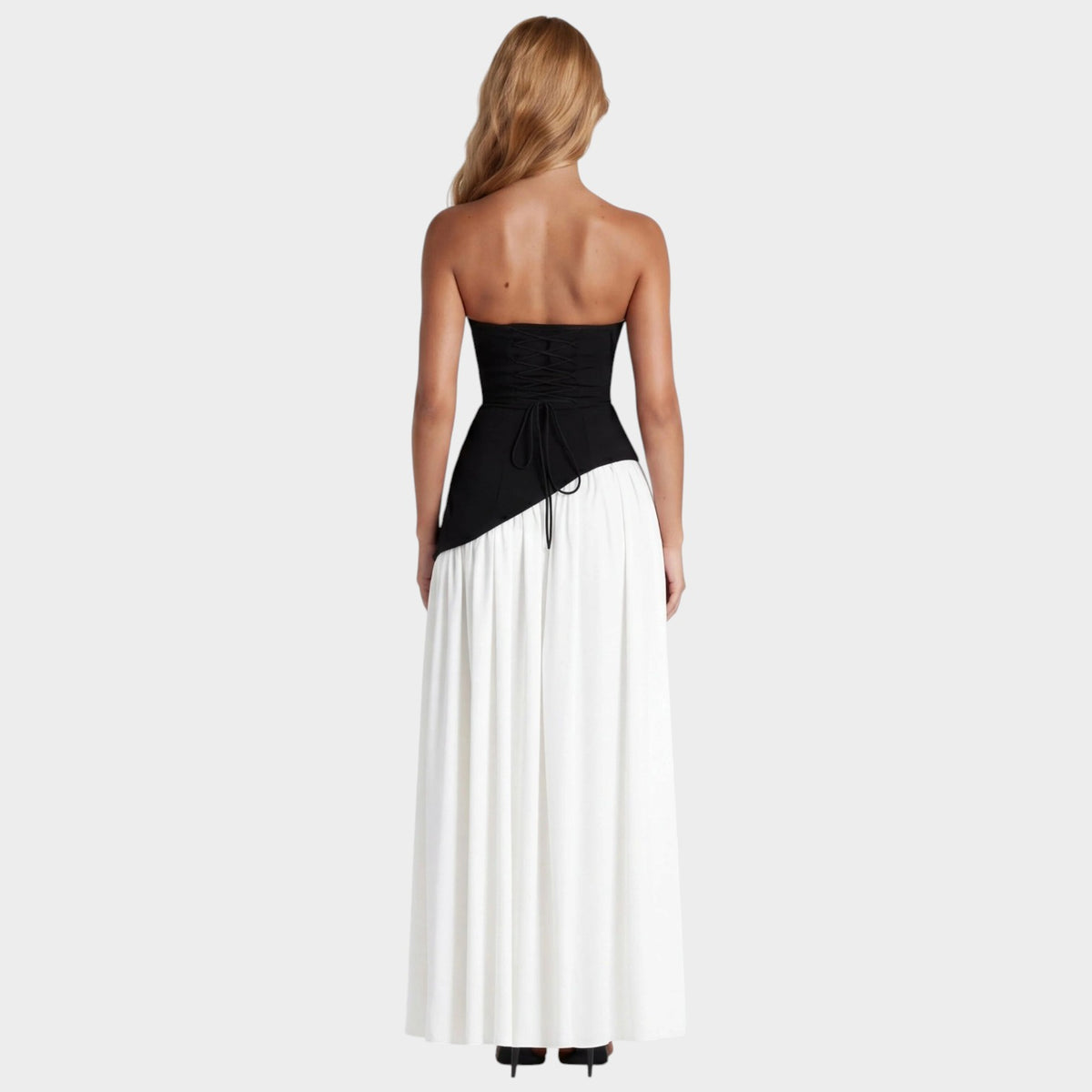 Women’s Strapless Maxi Dress with Draped Scarf Detail and High Slit