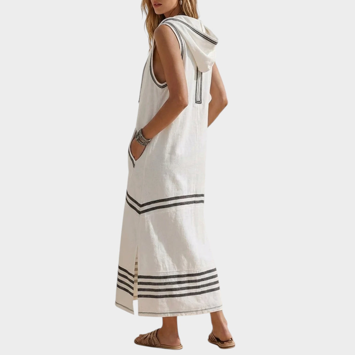 Women’s Striped Maxi Dress with Sleeveless Hooded Design and Side Pockets