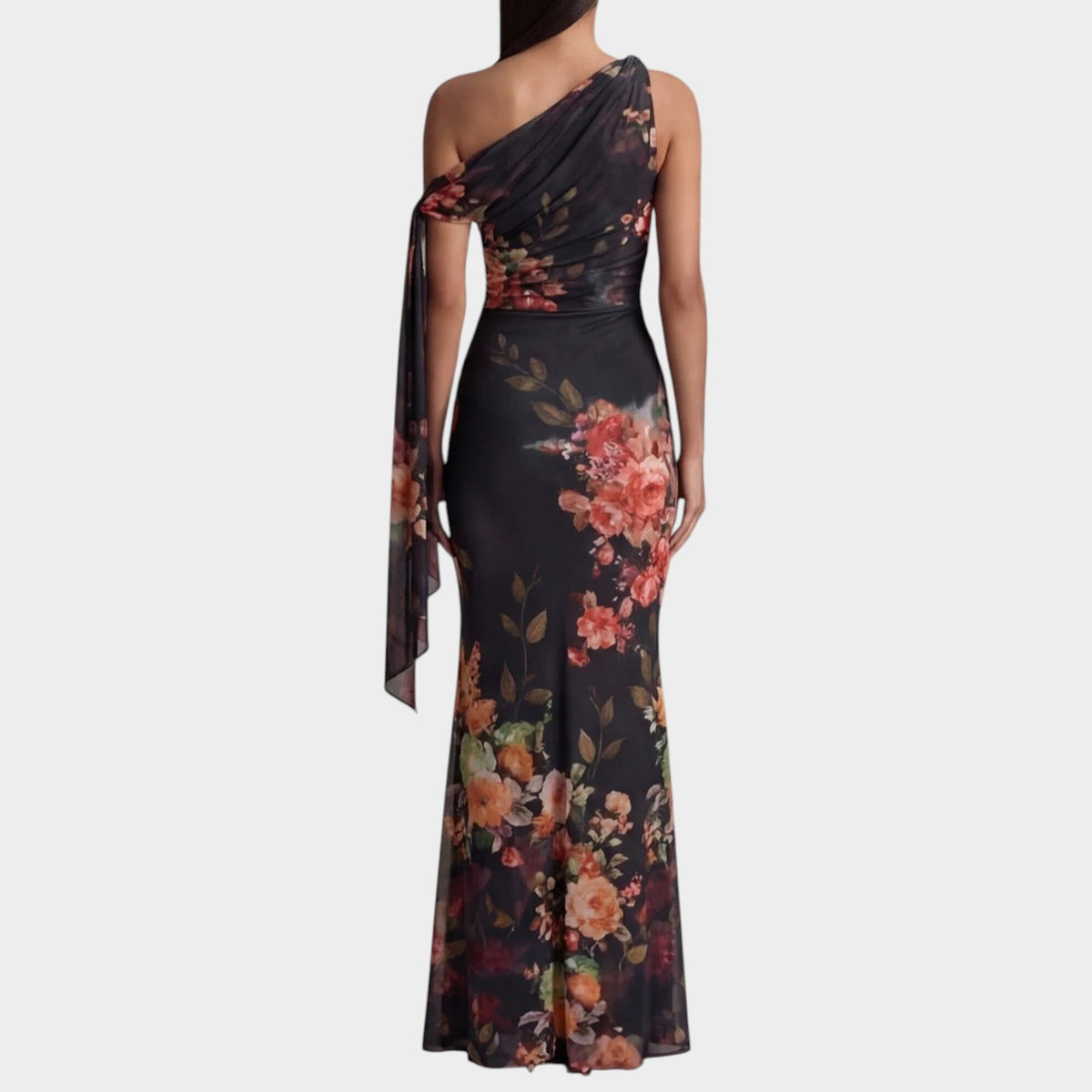 Women’s Floral One-Shoulder Chiffon Maxi Dress with Ruched Waist and Draped Detail