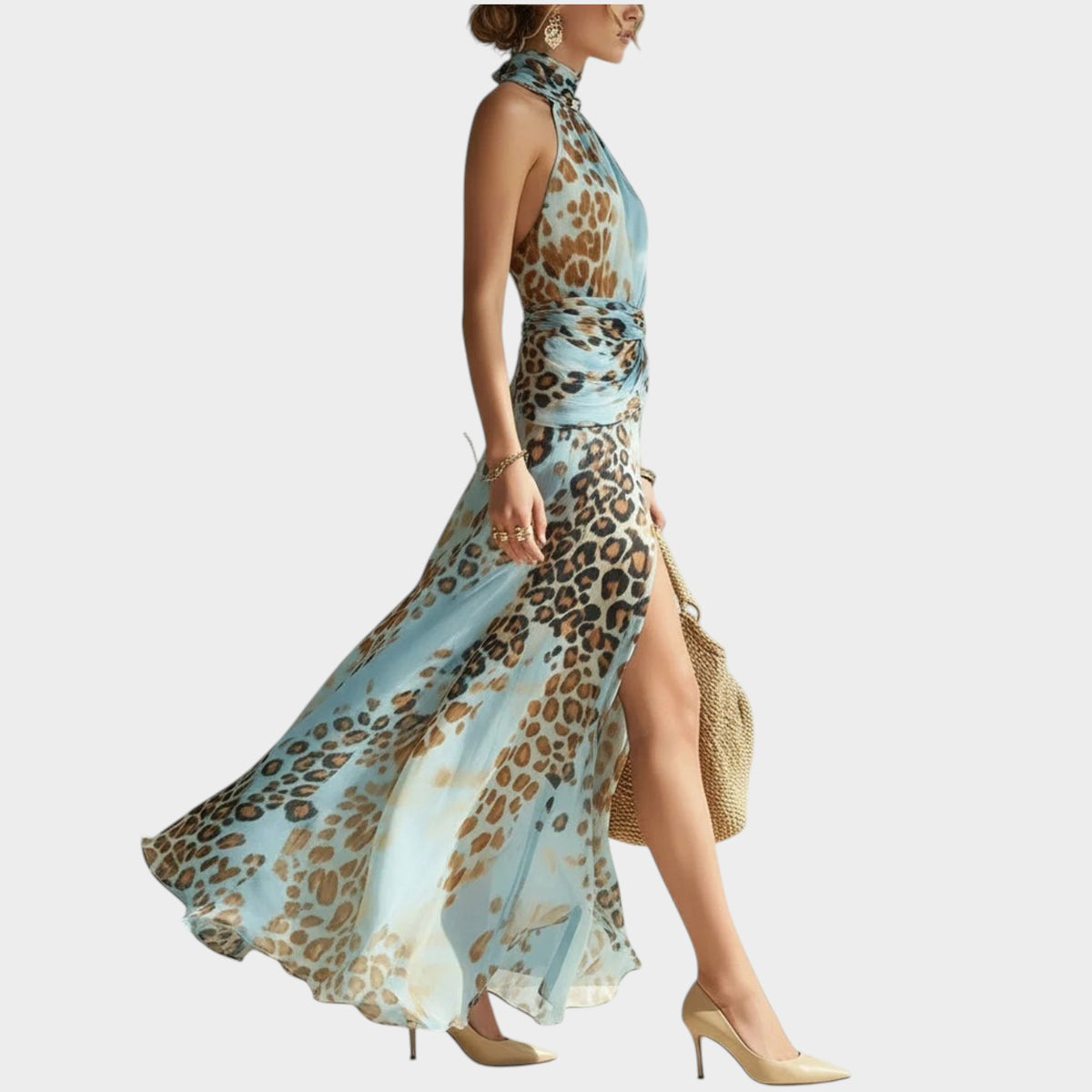 Women’s Leopard Print Maxi Dress with Halter Neck and Ruched Waist