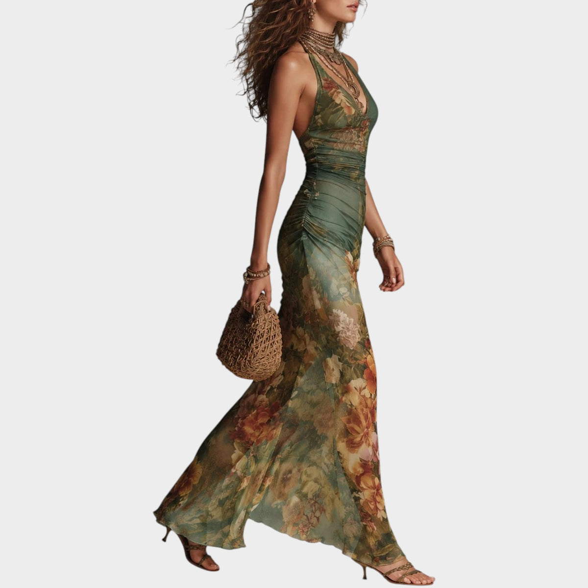 Women’s Floral Print Maxi Dress with Halter Neck and Mesh Overlay
