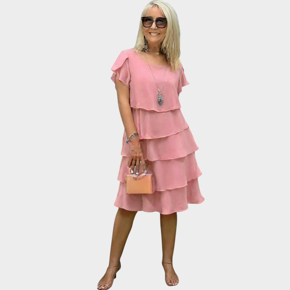 Women’s Layered Chiffon Midi Dress with Short Sleeves