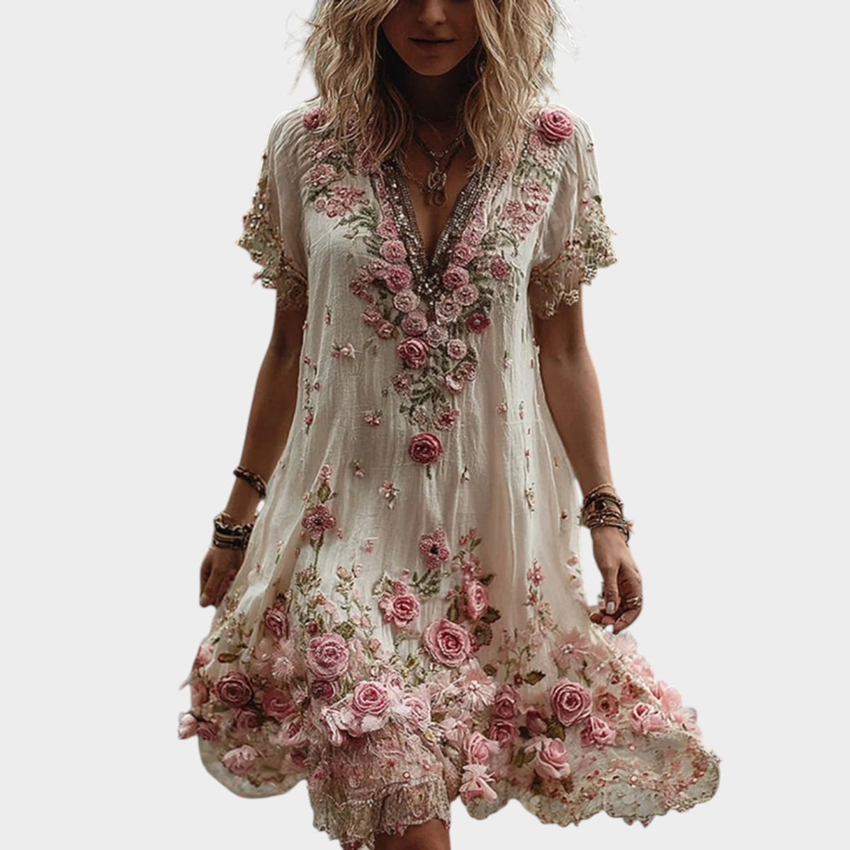 Women’s Floral Embroidered V-Neck Midi Dress with Short Sleeves