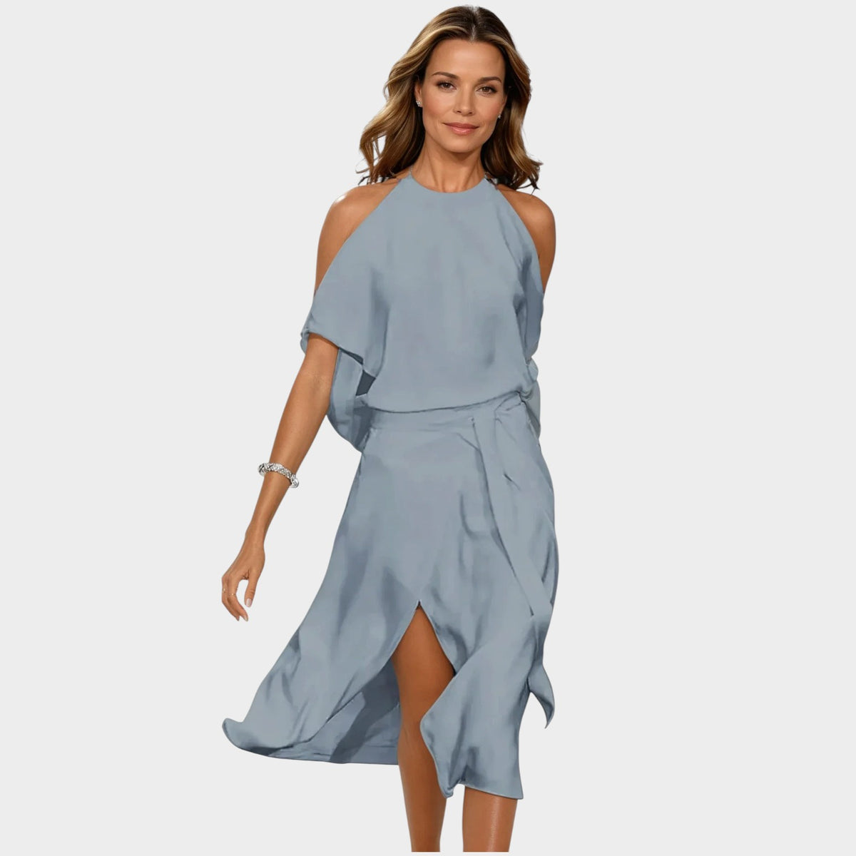 Women’s Asymmetrical Midi Dress with Cold-Shoulder Top and Split Hem