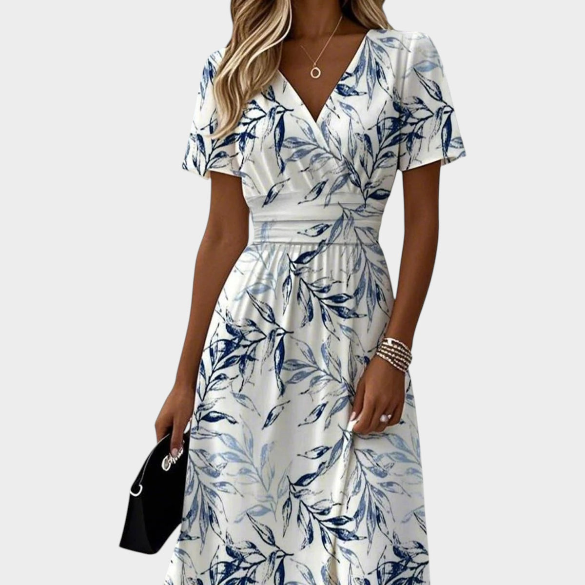 Women’s Floral Midi Dress with V-Neck and Cinched Waist