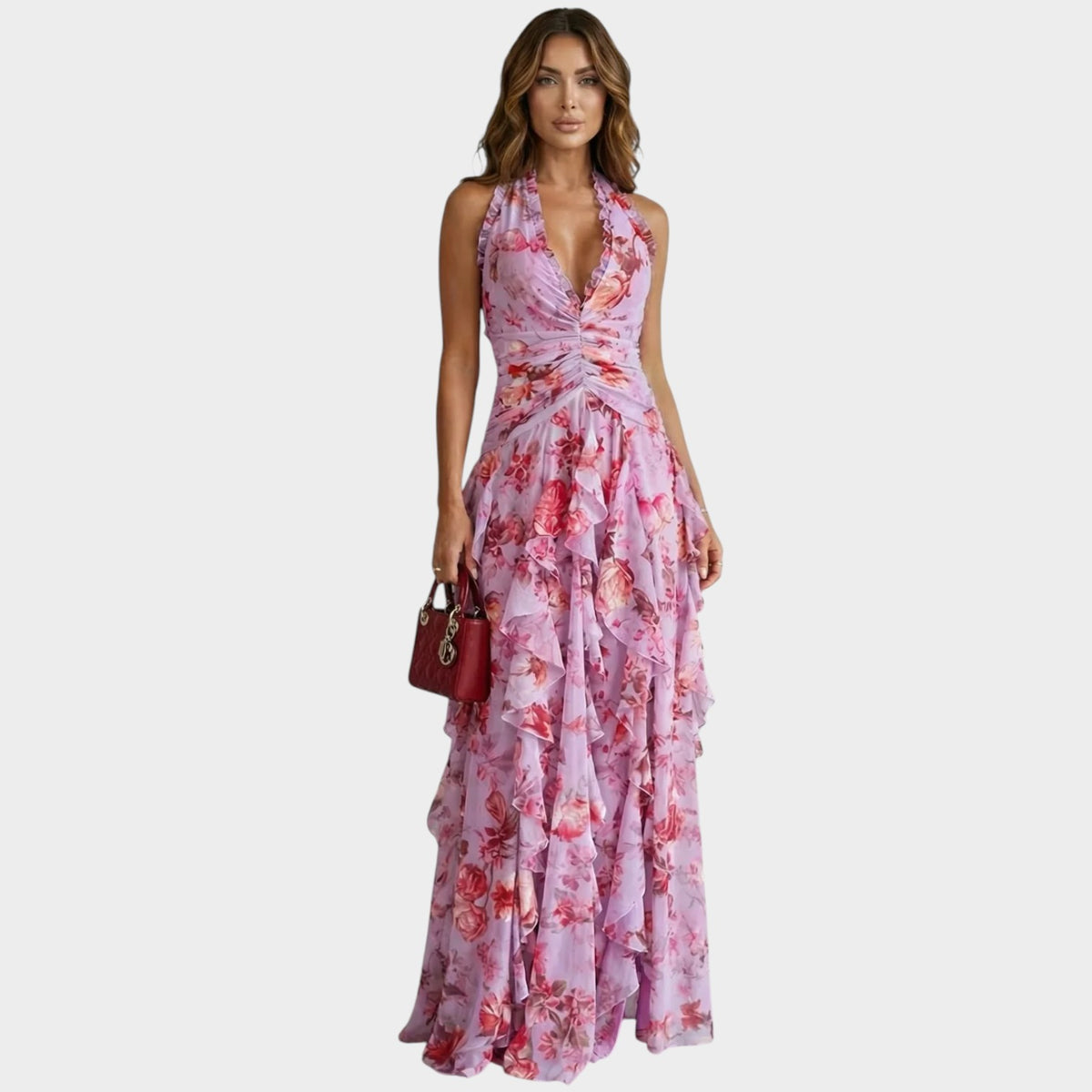 Women’s Floral Halter Neck Maxi Dress with Ruched Waist and Layered Ruffle Skirt