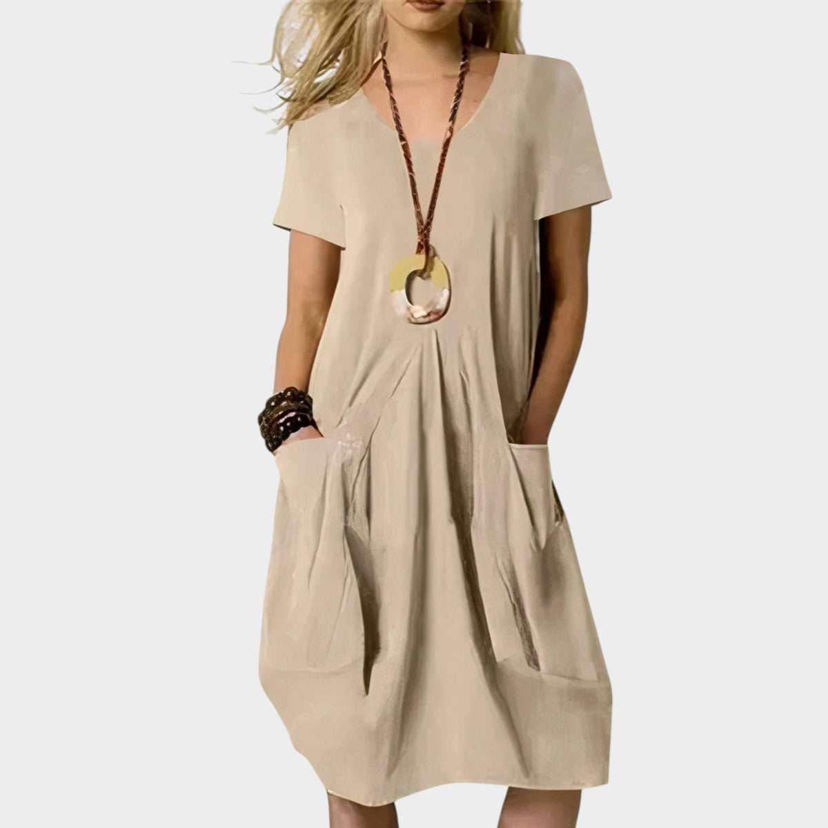 Women’s Midi Dress Short Sleeves A-Line Design Side Pockets