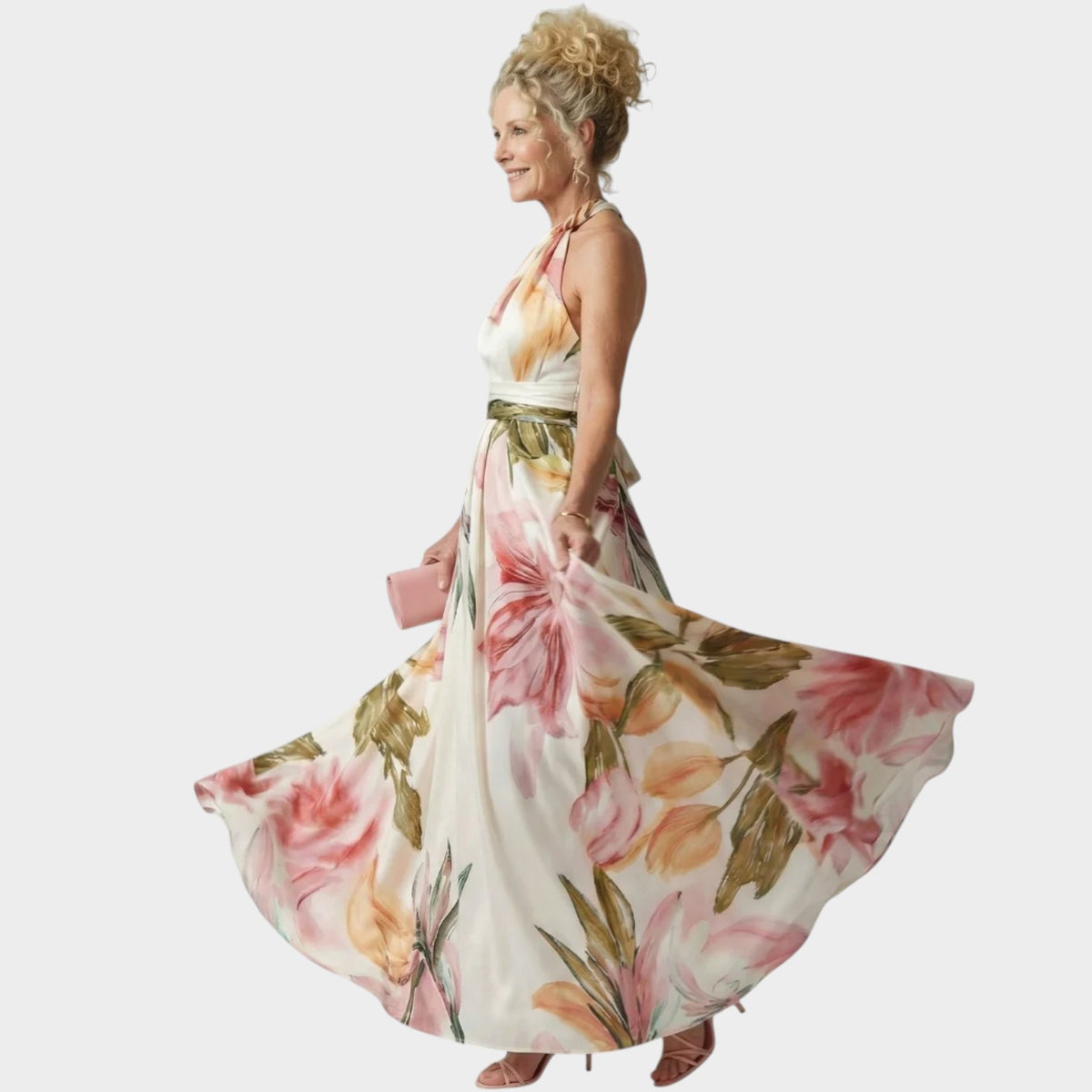 Women’s Floral Maxi Dress with Halter Neckline and Defined Waist
