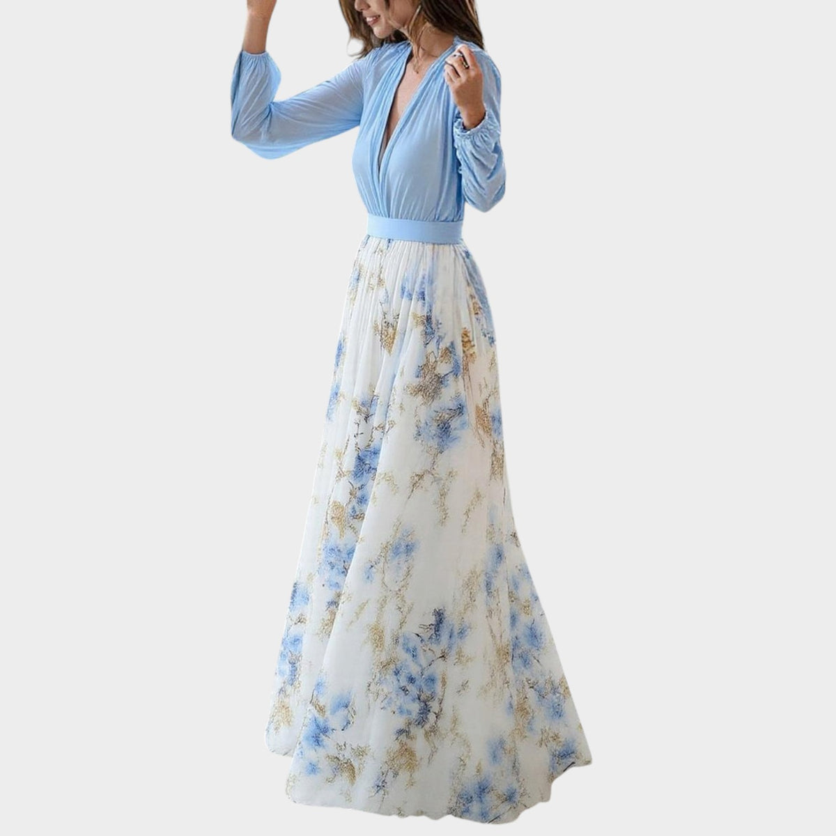 Women’s Floral Print Maxi Dress with Deep V-Neck and Long Sleeves