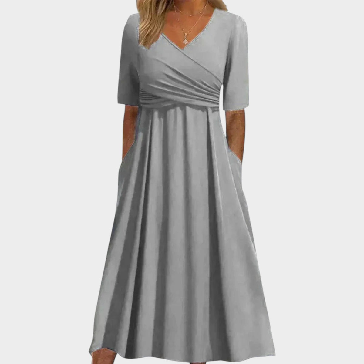 Women’s Midi Dress with V-Neck Crossover Bodice and Side Pockets