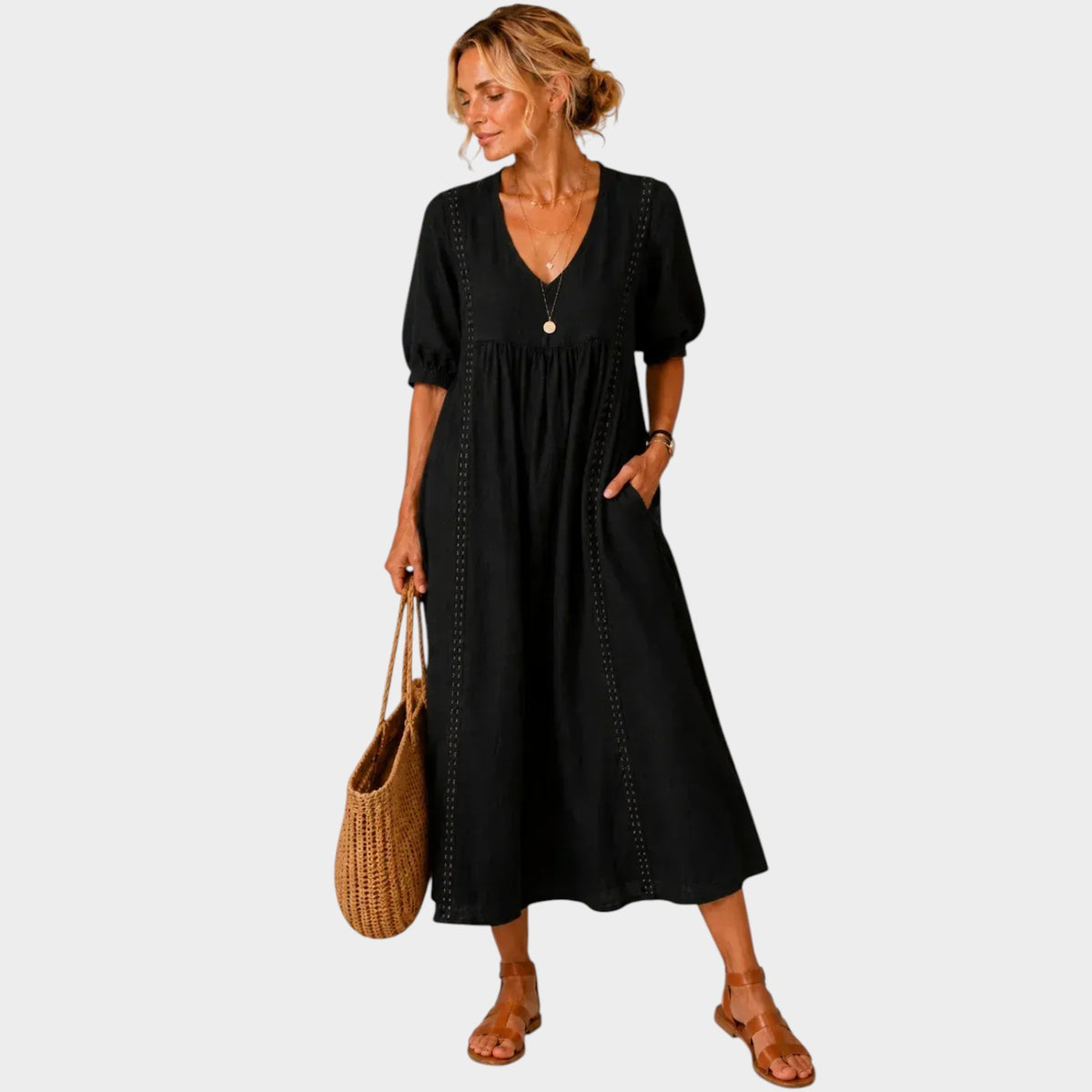 Women’s V-Neck Maxi Dress with Puff Sleeves and Lace Trim