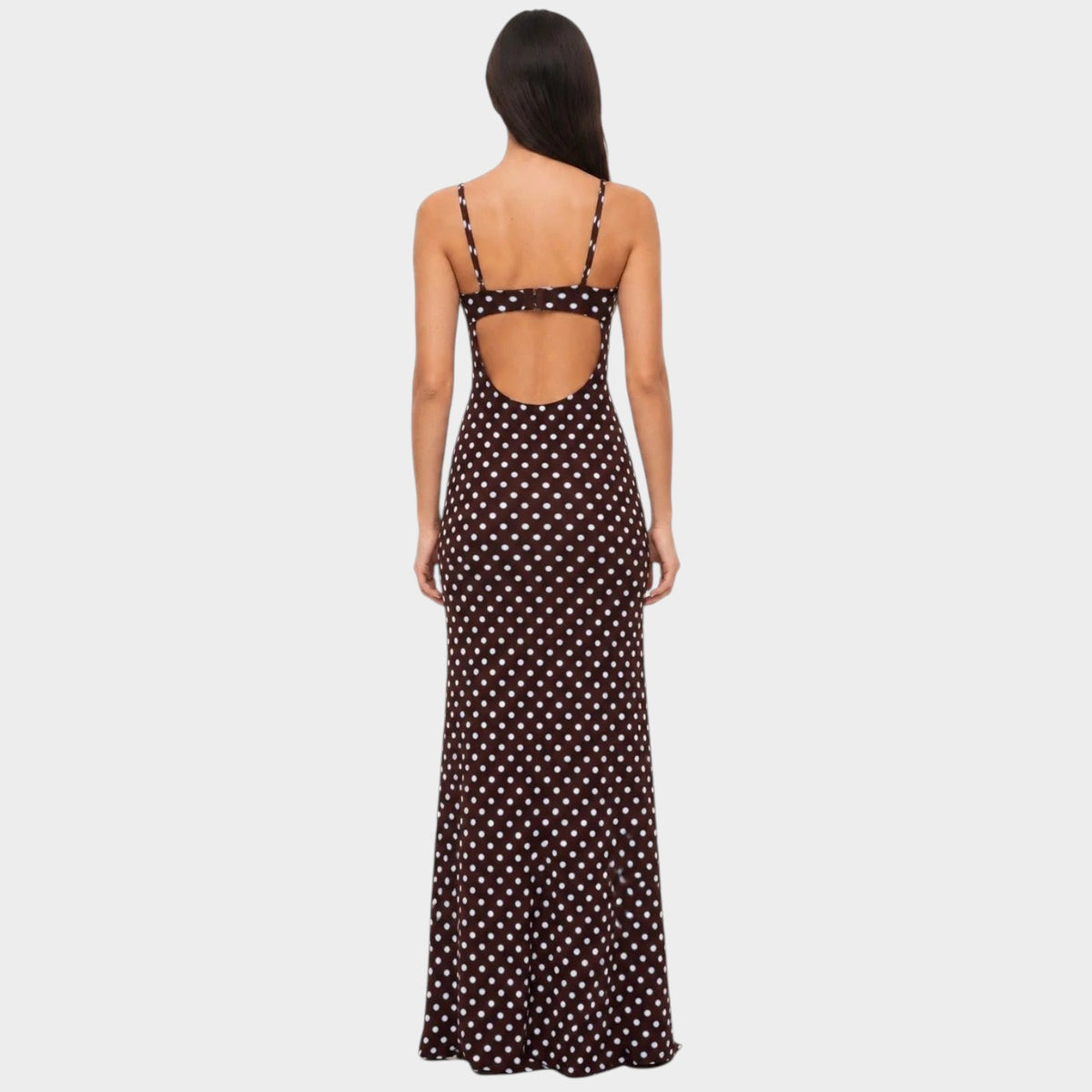 Women’s Polka Dot Maxi Dress with Adjustable Spaghetti Straps and Fitted Bodice