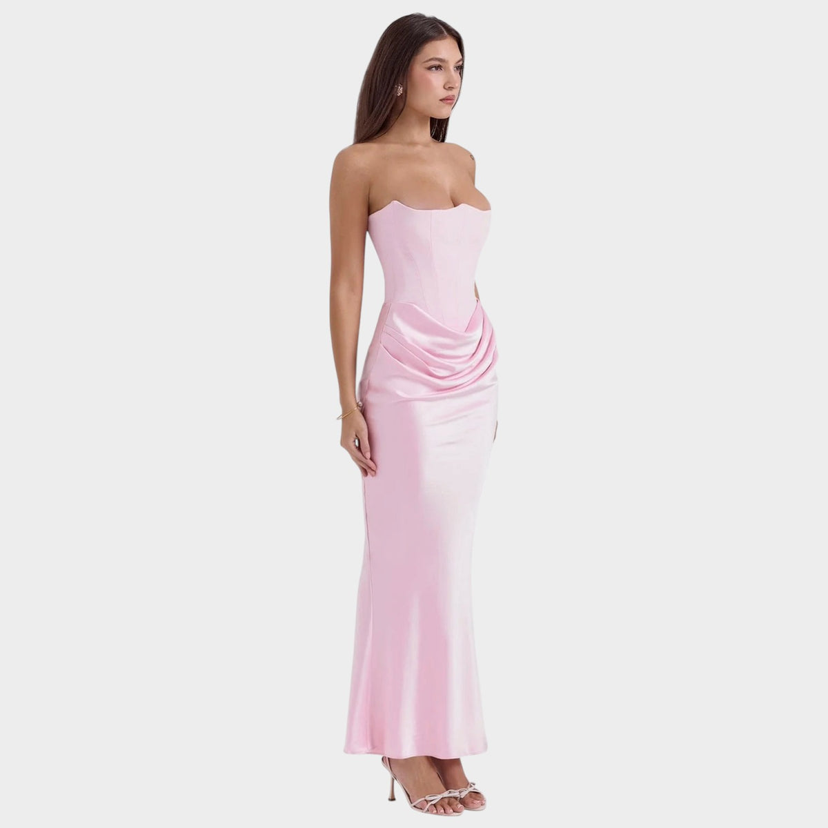 Women’s Strapless Corset Maxi Dress with Draped Waist and Fitted Silhouette