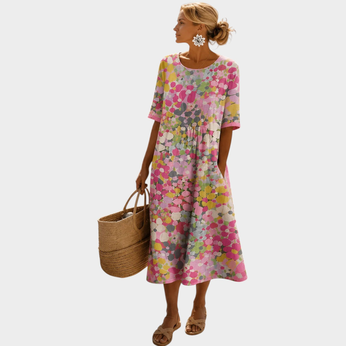 Women’s Midi Dress Floral Print Short Sleeve Flowing