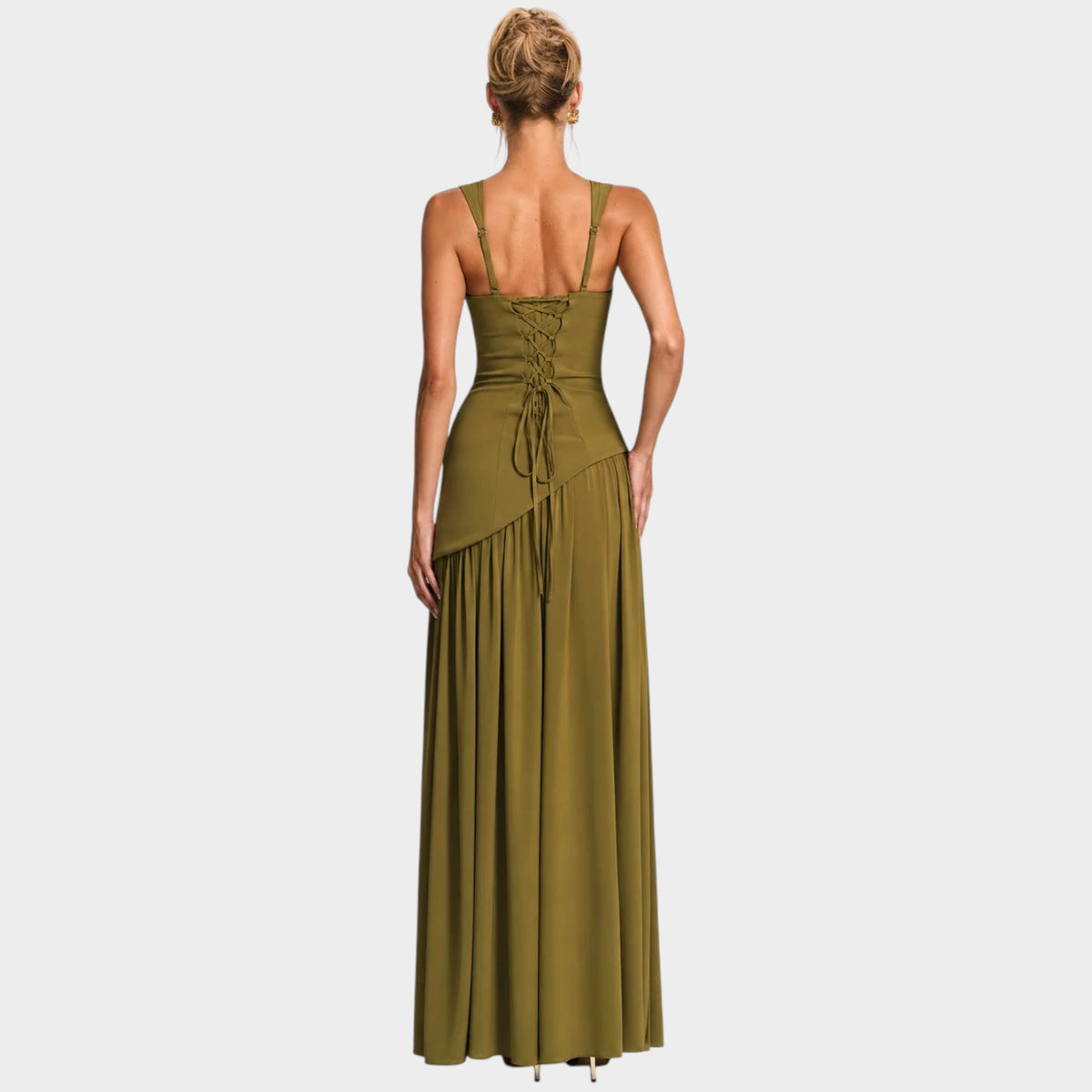 Women’s Strapless Maxi Evening Dress with Draped Bodice and High Slit