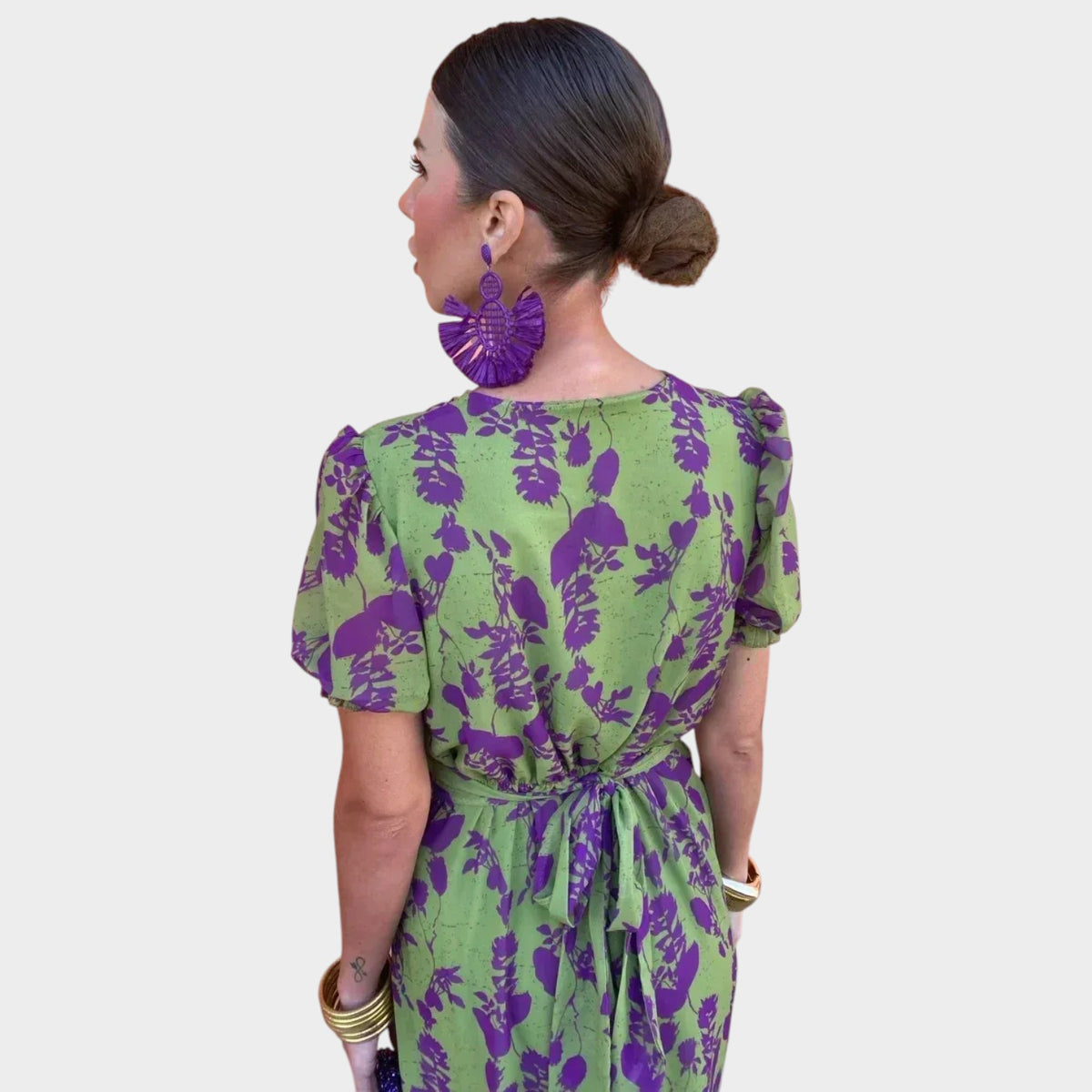 Women’s Floral Print Wrap Midi Dress with Short Puff Sleeves