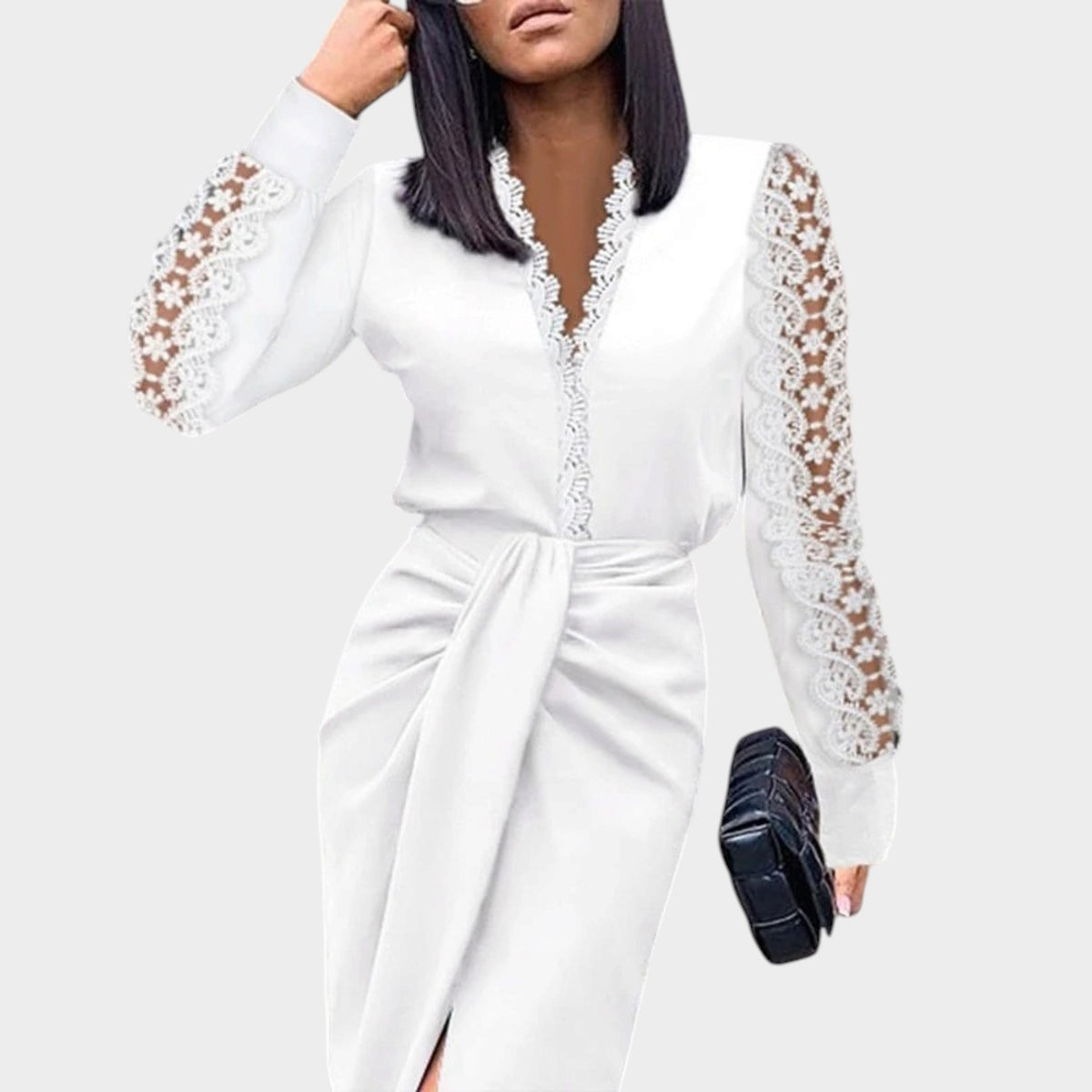 Women’s Long Sleeve Cocktail Dress with Lace Panels and Draped Waist