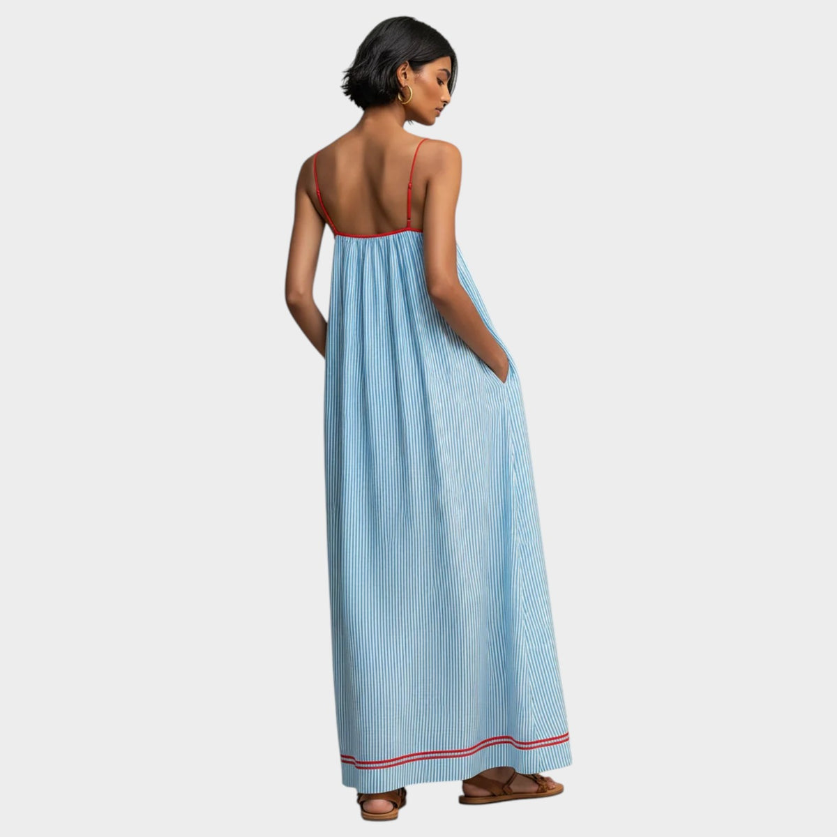 Women’s Striped Maxi Dress with Spaghetti Straps and Red Trim