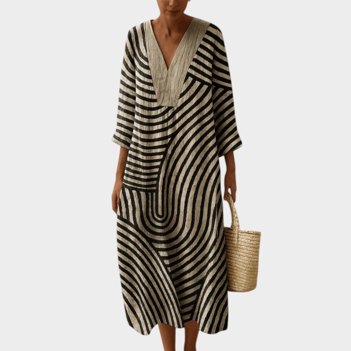 Women’s V-Neck Striped Midi Dress with Three-Quarter Sleeves