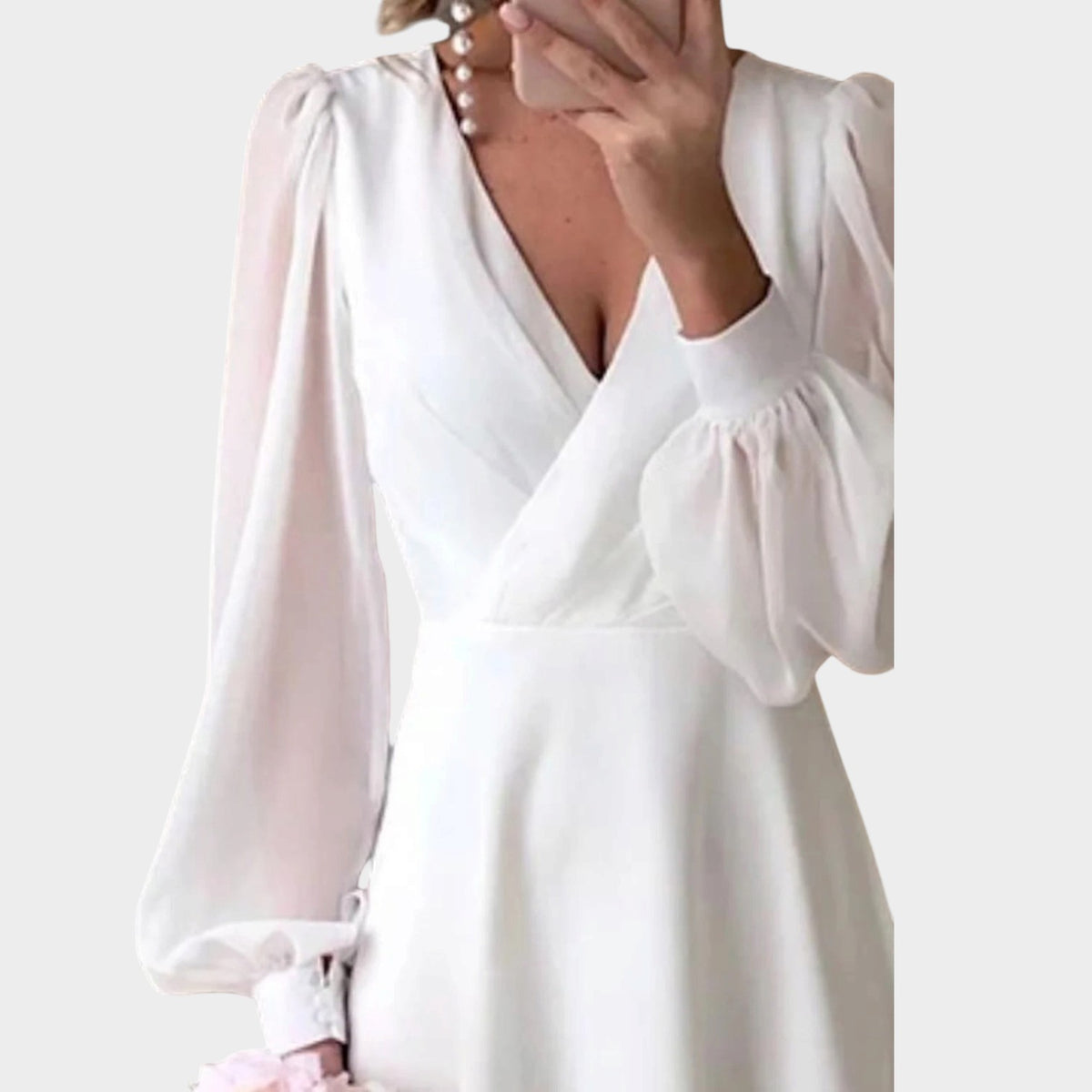 Women’s Midi Dress Wrap Front Long Puff Sleeves Defined Waist
