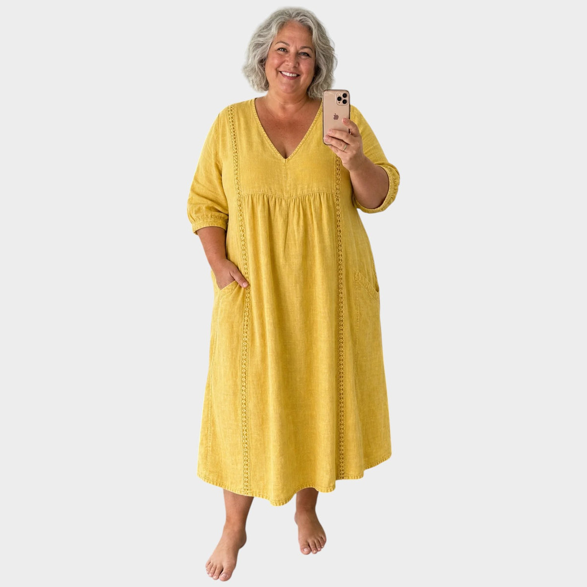 Women’s A-Line Midi Dress with V-Neck, Three-Quarter Sleeves and Lace Trim
