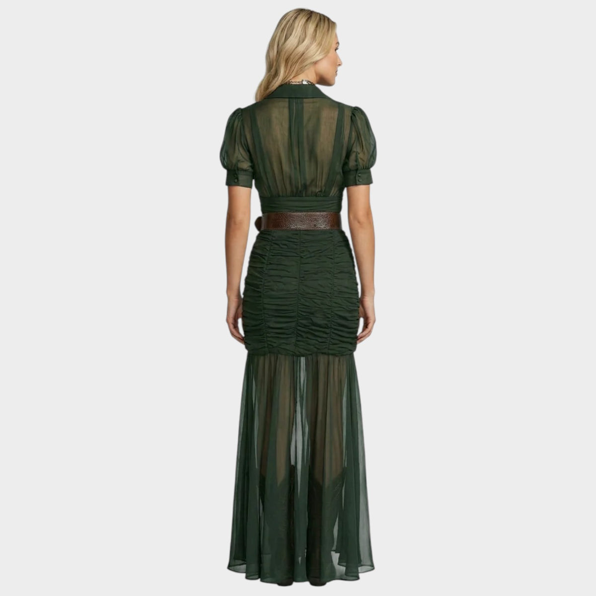 Women’s Chiffon Maxi Dress with Lapel Collar and Ruched Skirt