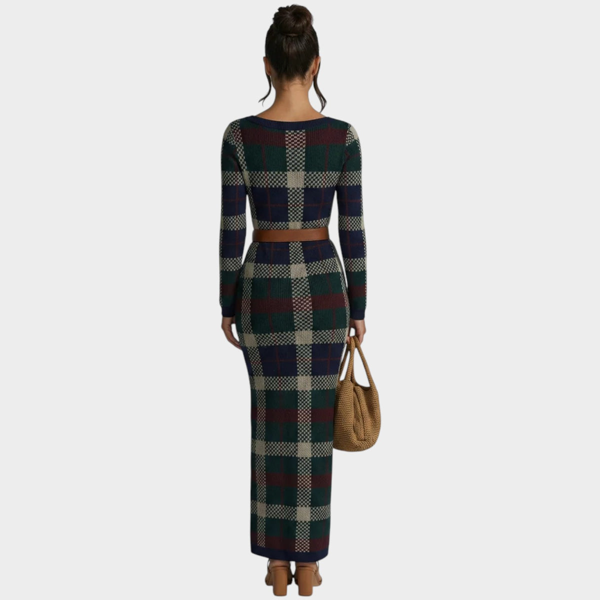 Women’s Check Knit Maxi Dress with Square Neck, Long Sleeves and Waist Belt