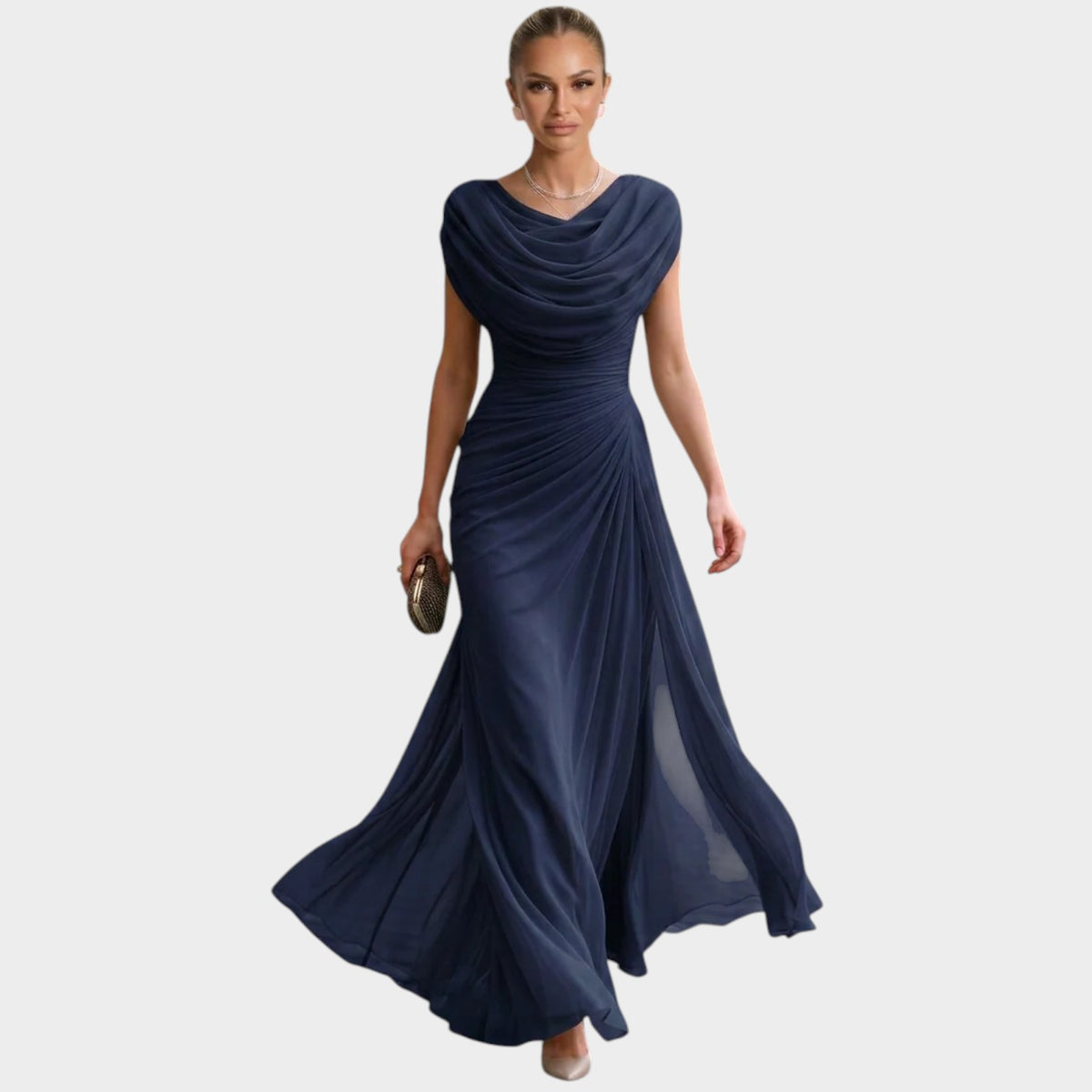 Women’s Maxi Dress with Draped Cowl Neck Ruched Waist