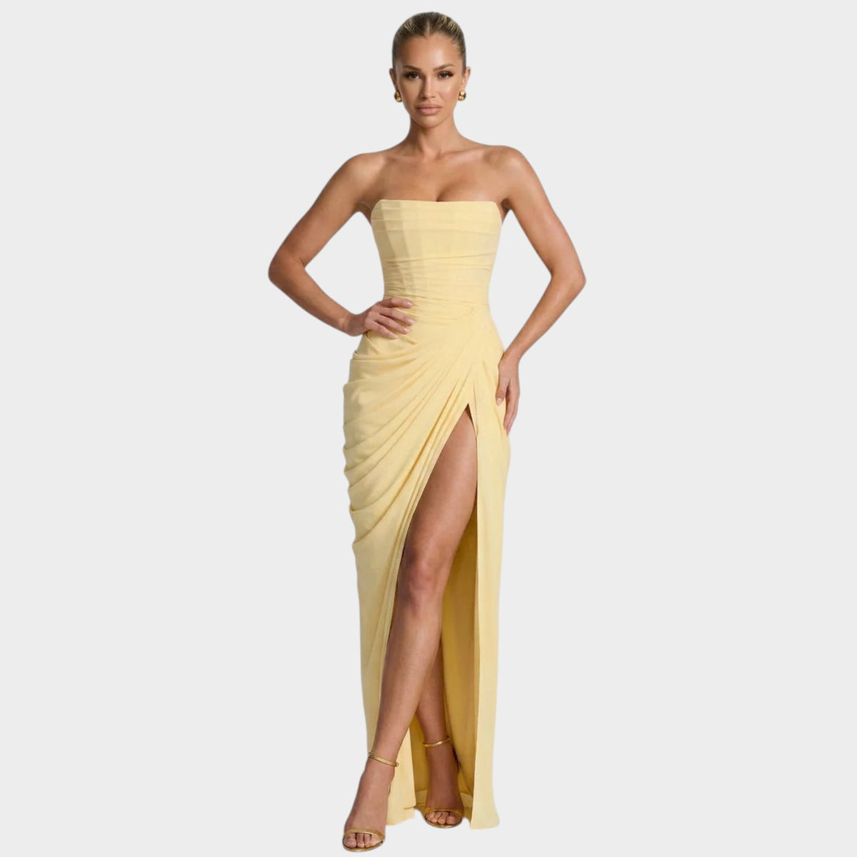 Women’s Strapless Maxi Dress with Gathered Bodice and Front Slit