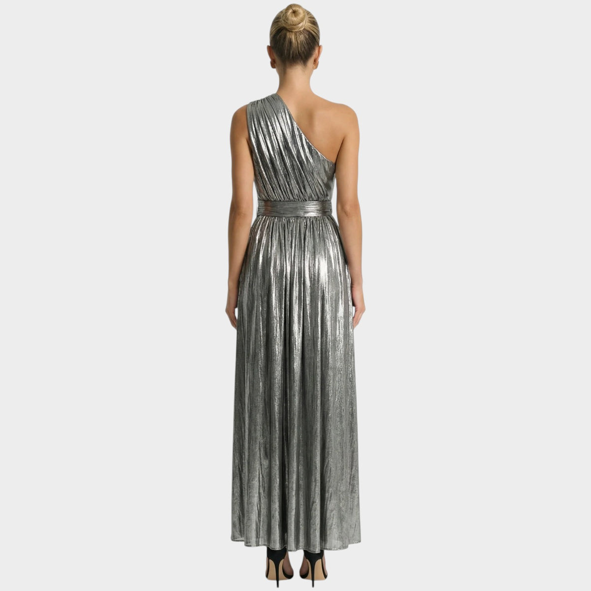 Women’s Metallic One-Shoulder Maxi Dress with High Slit and Waist Belt