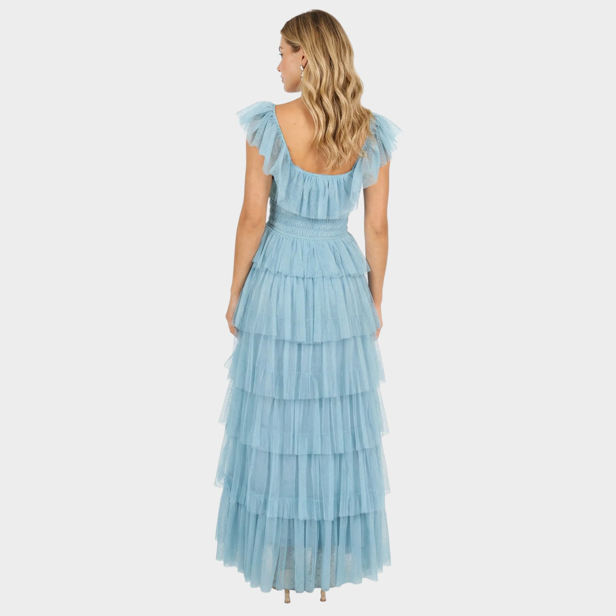 Women’s Tiered Ruffle Maxi Dress with Square Neckline and Short Flutter Sleeves