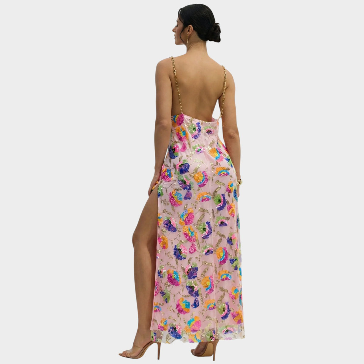 Women’s Floral Sequin Maxi Dress with Gold Chain Straps Open Back