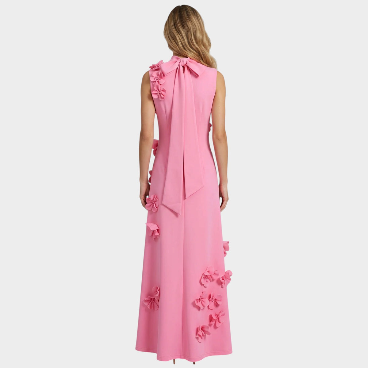 Women’s Floral Appliqué Maxi Dress with High Neck and Sleeveless Design