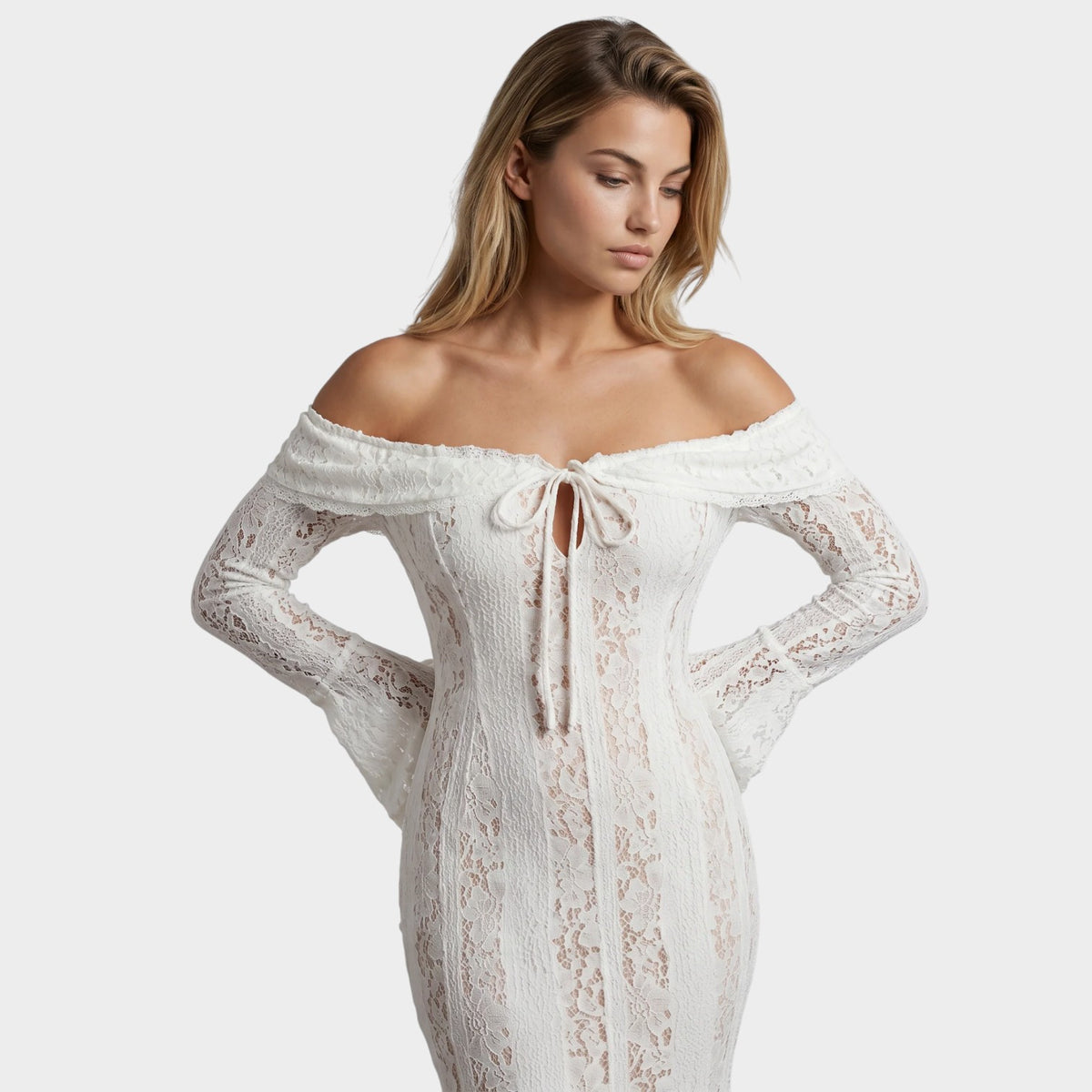 Women’s Off-Shoulder Lace Maxi Dress with Long Bell Sleeves and Front Tie