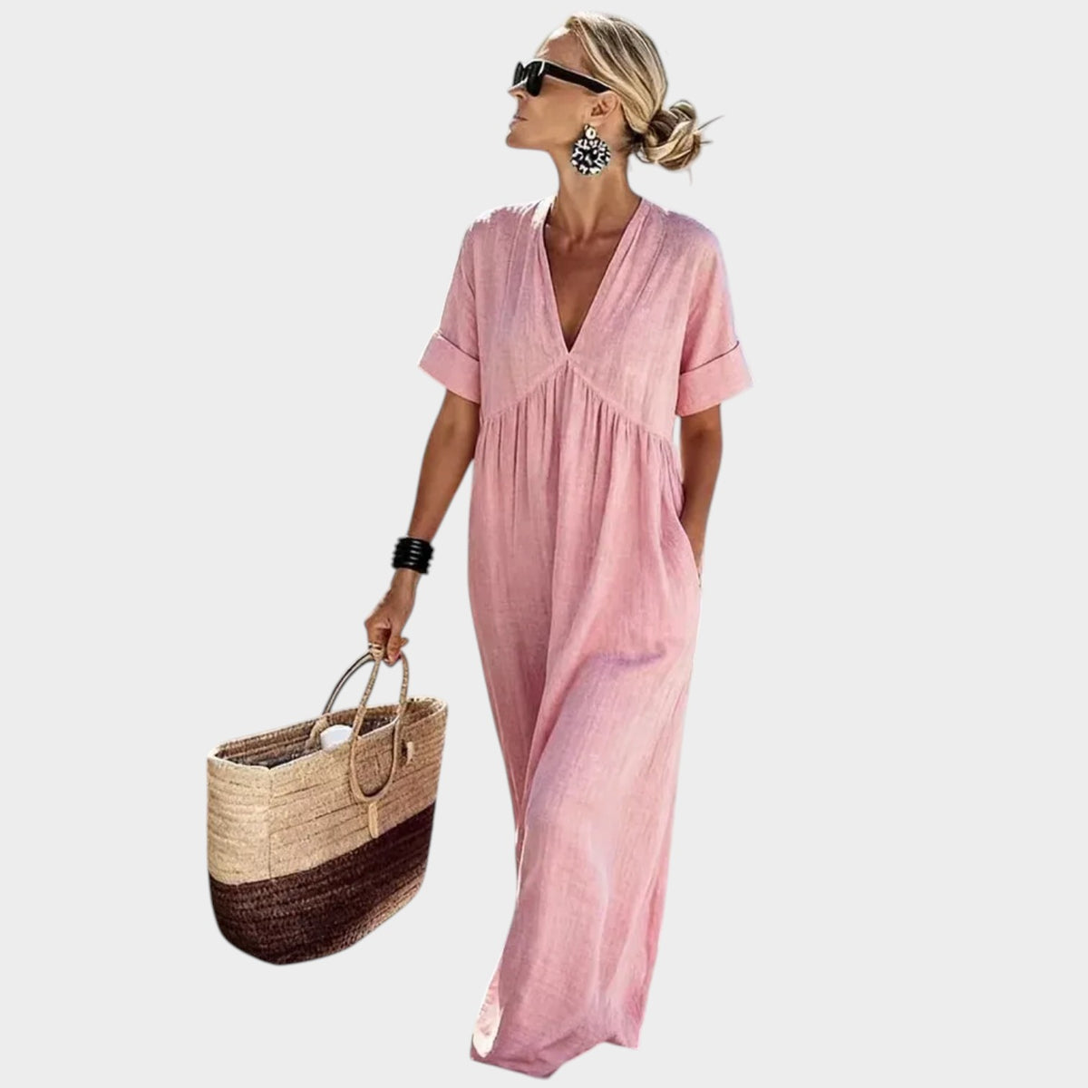 Women’s V-Neck Maxi Dress with Short Sleeves and Gathered Waist