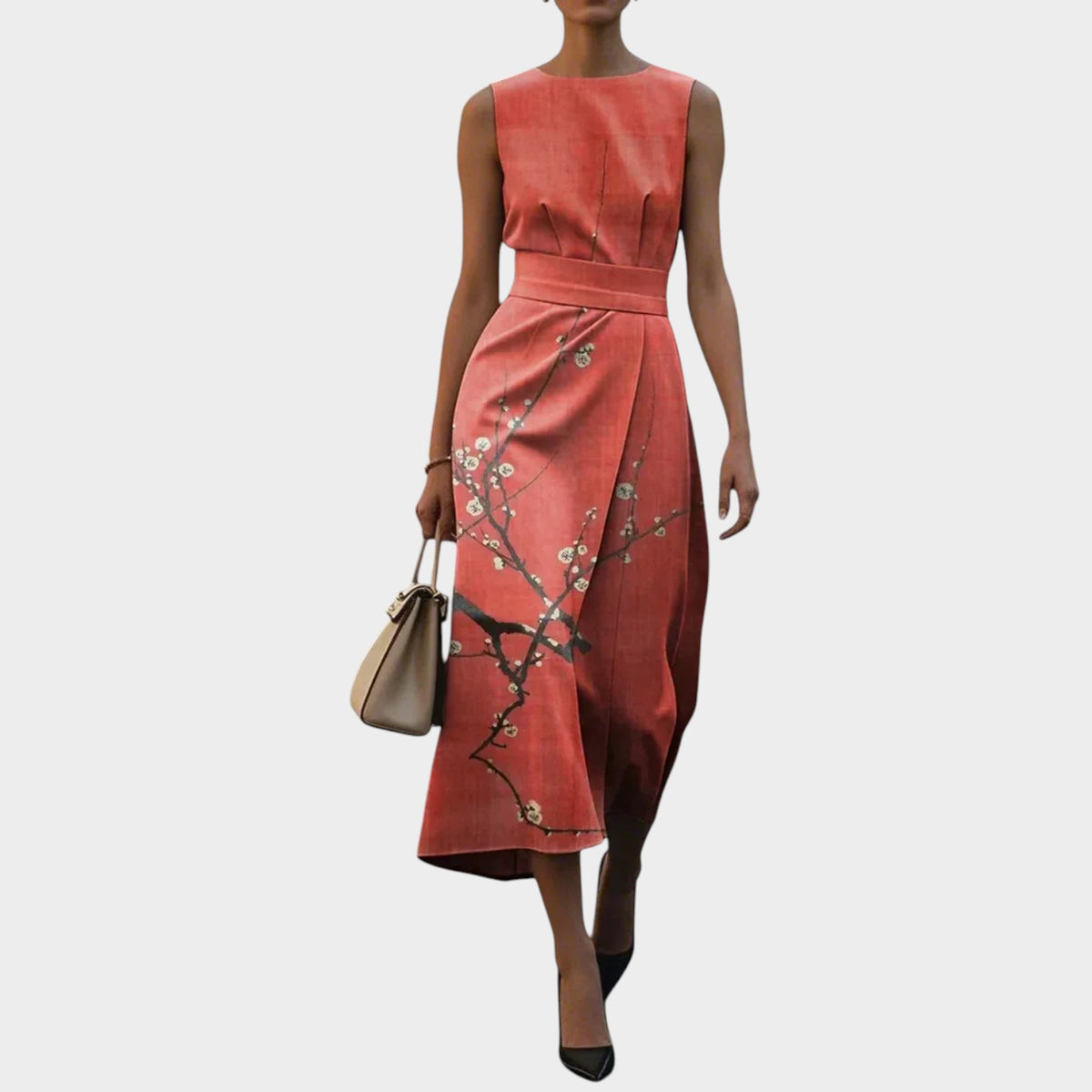 Women’s Sleeveless Midi Dress with Floral Pattern and Waist Detail