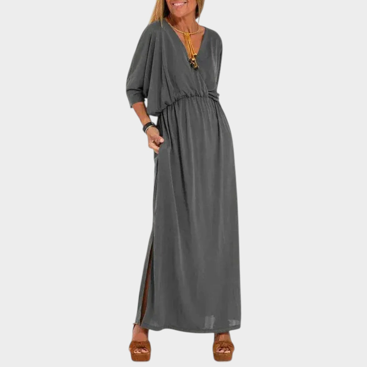 Women’s Vintage Maxi Dress with V-Neckline, Three-Quarter Sleeves and Side Slit